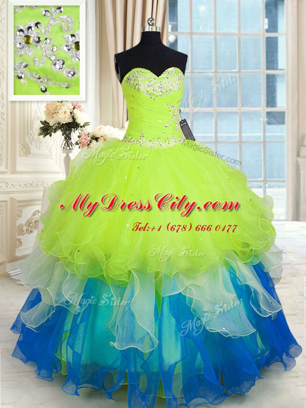 Attractive Organza Sweetheart Sleeveless Lace Up Beading and Ruffles Quince Ball Gowns in Multi-color