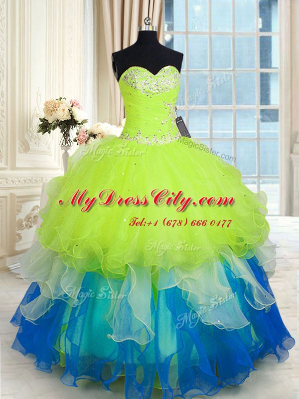 Attractive Organza Sweetheart Sleeveless Lace Up Beading and Ruffles Quince Ball Gowns in Multi-color