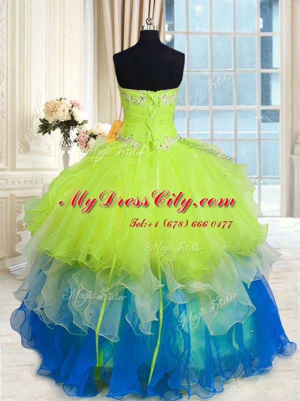 Attractive Organza Sweetheart Sleeveless Lace Up Beading and Ruffles Quince Ball Gowns in Multi-color