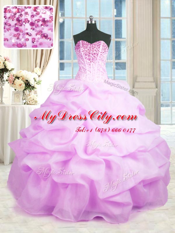 Eye-catching Lilac Ball Gowns Beading and Ruffles Quinceanera Dresses Lace Up Organza Sleeveless Floor Length