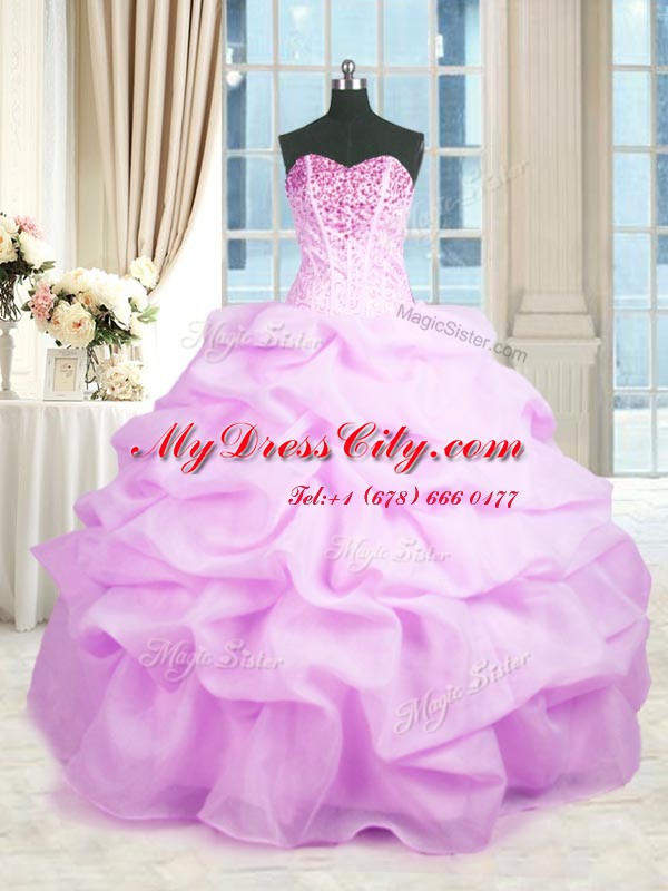 Eye-catching Lilac Ball Gowns Beading and Ruffles Quinceanera Dresses Lace Up Organza Sleeveless Floor Length