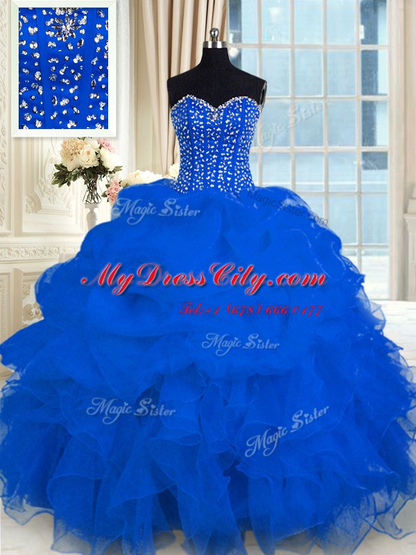 Royal Blue Sleeveless Floor Length Beading and Ruffles Lace Up Vestidos de Quinceanera