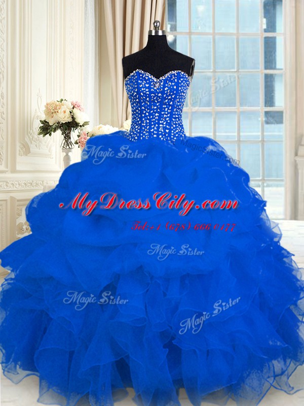 Royal Blue Sleeveless Floor Length Beading and Ruffles Lace Up Vestidos de Quinceanera