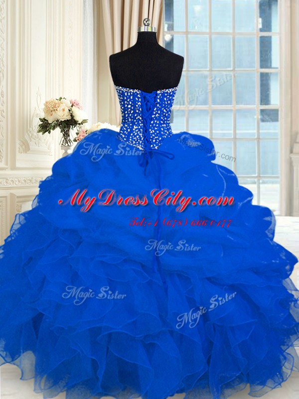 Royal Blue Sleeveless Floor Length Beading and Ruffles Lace Up Vestidos de Quinceanera