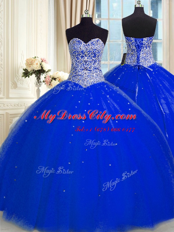 Sequins Floor Length Ball Gowns Sleeveless Royal Blue Ball Gown Prom Dress Backless