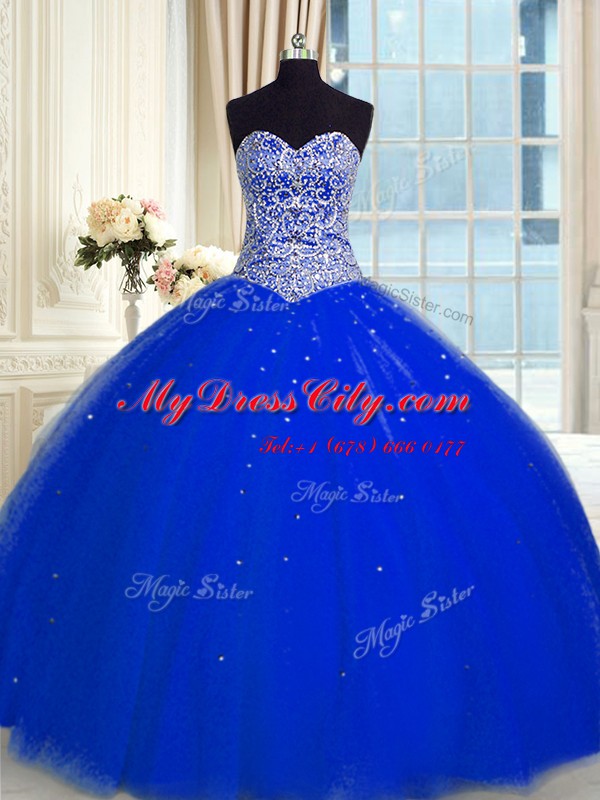 Sequins Floor Length Ball Gowns Sleeveless Royal Blue Ball Gown Prom Dress Backless