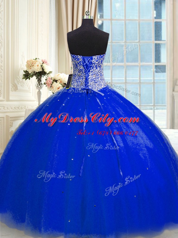 Sequins Floor Length Ball Gowns Sleeveless Royal Blue Ball Gown Prom Dress Backless