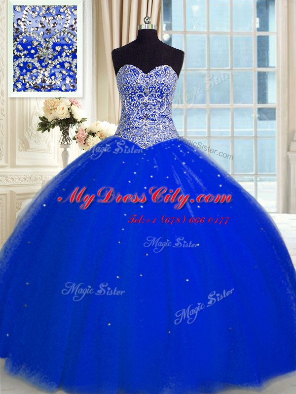 Sequins Floor Length Ball Gowns Sleeveless Royal Blue Ball Gown Prom Dress Backless