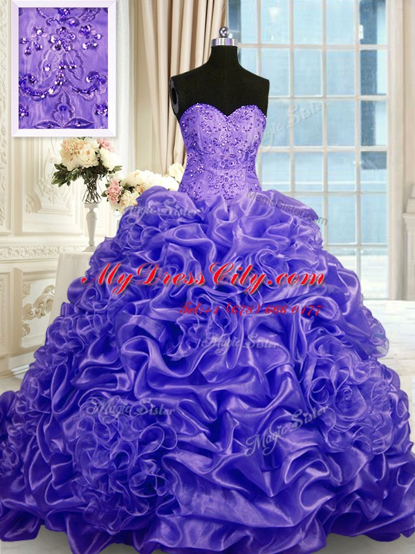 Purple Ball Gowns Sweetheart Sleeveless Organza Sweep Train Lace Up Beading and Pick Ups Vestidos de Quinceanera