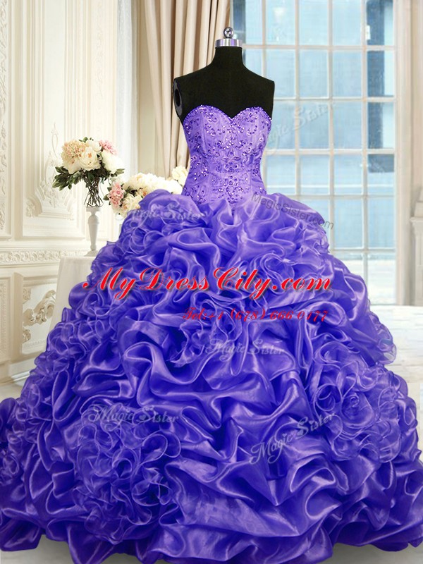 Purple Ball Gowns Sweetheart Sleeveless Organza Sweep Train Lace Up Beading and Pick Ups Vestidos de Quinceanera