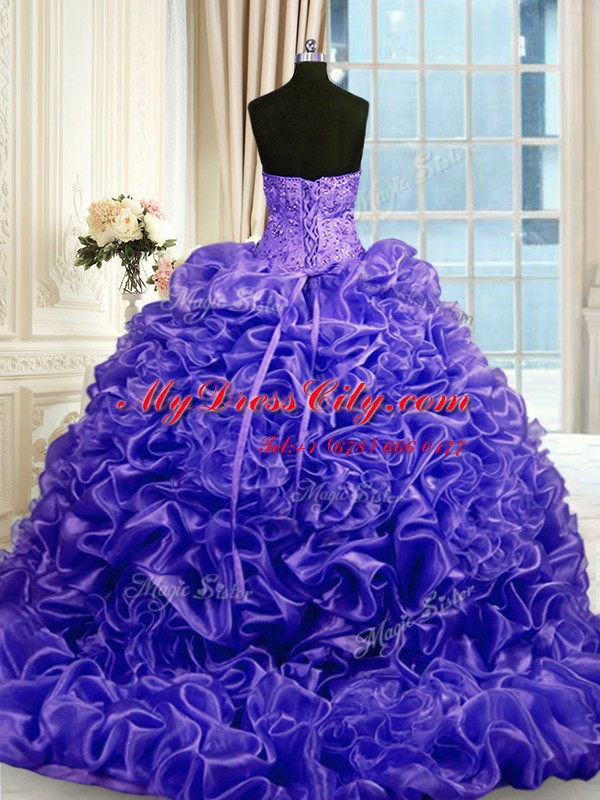 Purple Ball Gowns Sweetheart Sleeveless Organza Sweep Train Lace Up Beading and Pick Ups Vestidos de Quinceanera