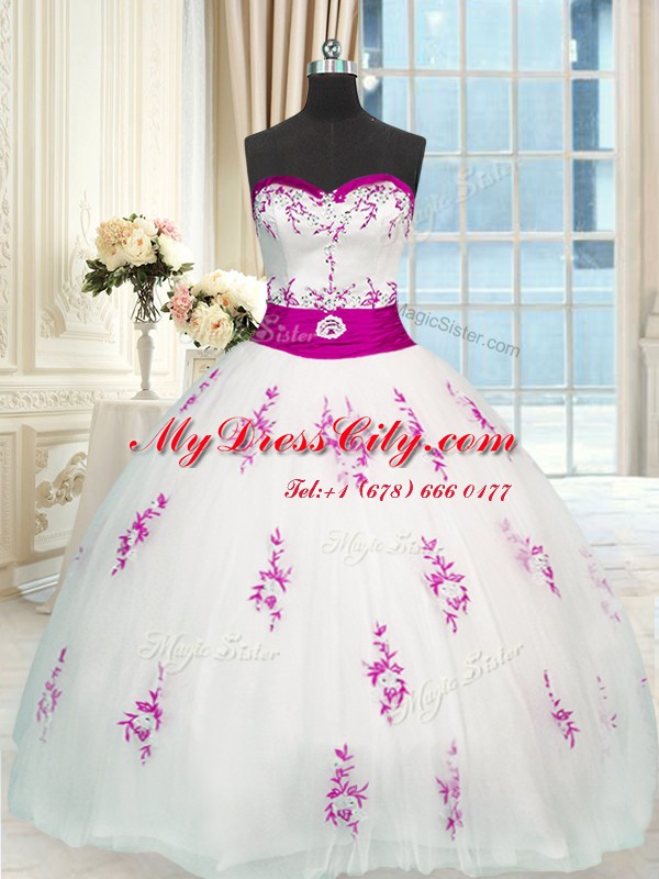 Exquisite White Tulle Lace Up Quinceanera Gowns Sleeveless Floor Length Appliques and Belt