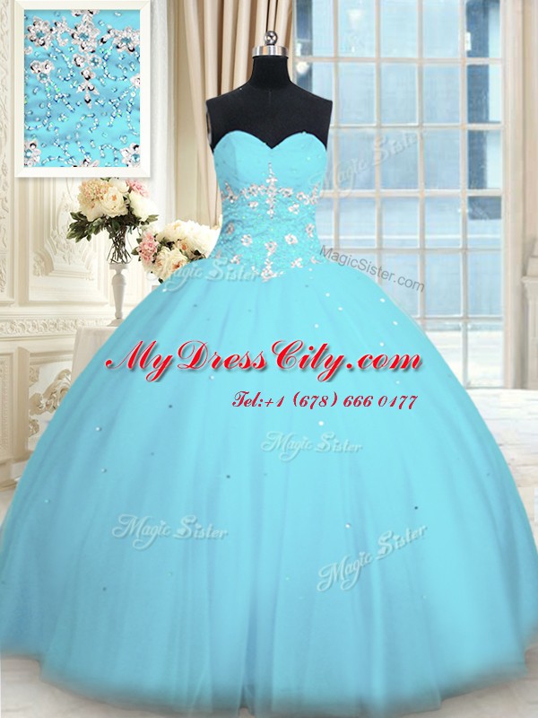 Inexpensive Sweetheart Sleeveless Lace Up Quinceanera Dresses Light Blue Tulle