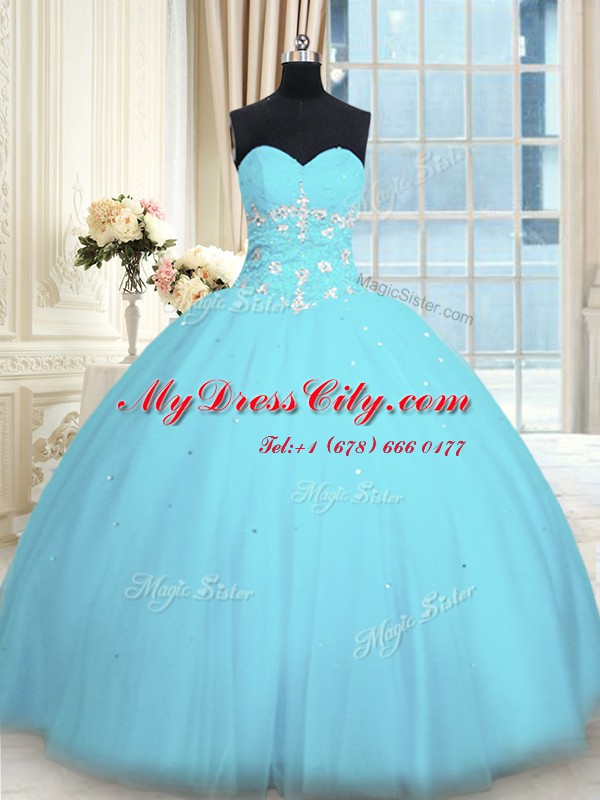 Inexpensive Sweetheart Sleeveless Lace Up Quinceanera Dresses Light Blue Tulle