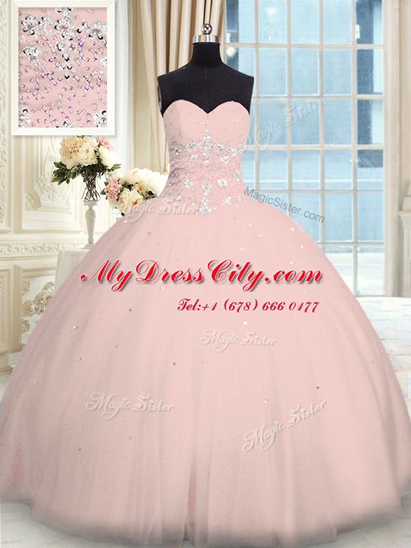 Best Sleeveless Tulle Floor Length Lace Up 15 Quinceanera Dress in Pink with Beading