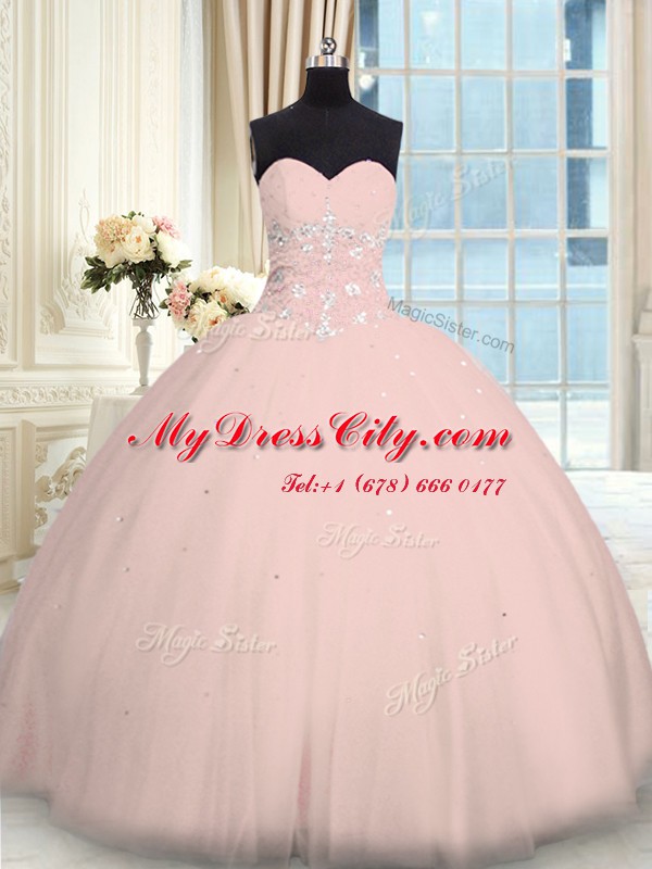 Best Sleeveless Tulle Floor Length Lace Up 15 Quinceanera Dress in Pink with Beading