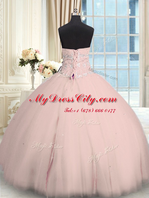 Best Sleeveless Tulle Floor Length Lace Up 15 Quinceanera Dress in Pink with Beading