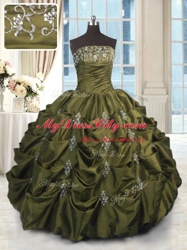 Pick Ups Strapless Sleeveless Lace Up 15 Quinceanera Dress Olive Green Taffeta