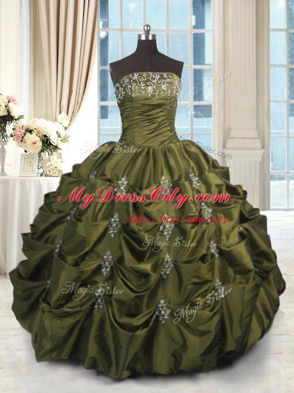 Pick Ups Strapless Sleeveless Lace Up 15 Quinceanera Dress Olive Green Taffeta