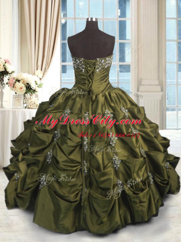 Pick Ups Strapless Sleeveless Lace Up 15 Quinceanera Dress Olive Green Taffeta