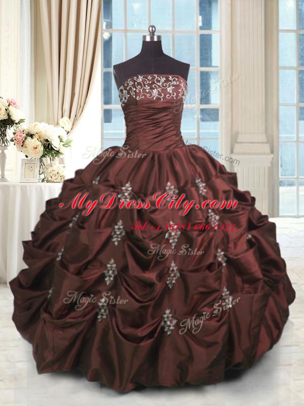 Pick Ups Floor Length Burgundy Vestidos de Quinceanera Strapless Sleeveless Lace Up