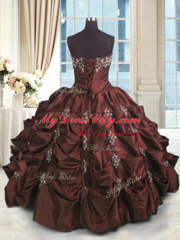 Pick Ups Floor Length Burgundy Vestidos de Quinceanera Strapless Sleeveless Lace Up