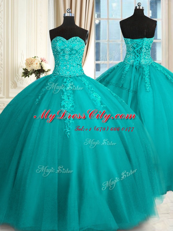 Hot Selling Teal Lace Up Sweetheart Appliques and Embroidery Quinceanera Gowns Tulle Sleeveless