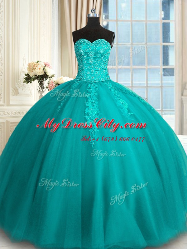 Hot Selling Teal Lace Up Sweetheart Appliques and Embroidery Quinceanera Gowns Tulle Sleeveless