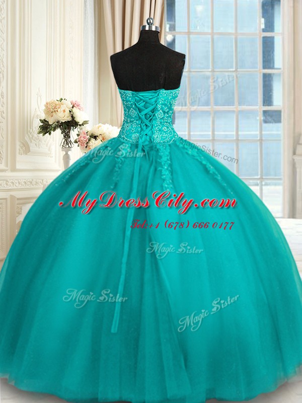 Hot Selling Teal Lace Up Sweetheart Appliques and Embroidery Quinceanera Gowns Tulle Sleeveless