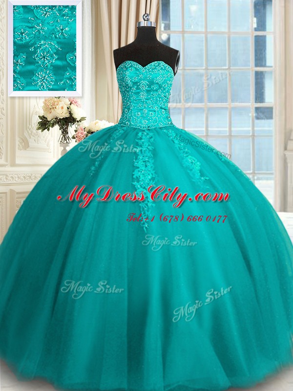 Hot Selling Teal Lace Up Sweetheart Appliques and Embroidery Quinceanera Gowns Tulle Sleeveless