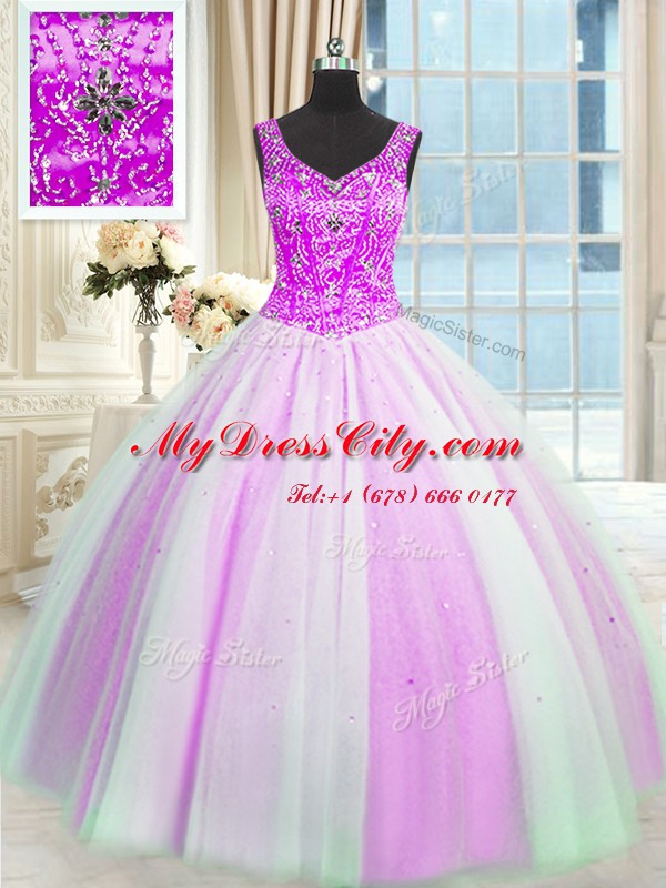 Customized Multi-color Ball Gowns V-neck Sleeveless Tulle Floor Length Lace Up Beading and Sequins Sweet 16 Dresses