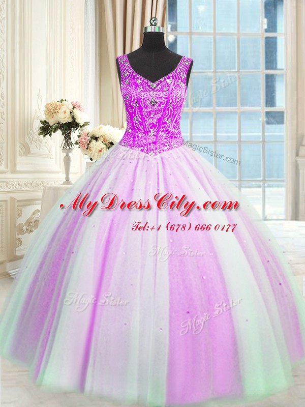 Customized Multi-color Ball Gowns V-neck Sleeveless Tulle Floor Length Lace Up Beading and Sequins Sweet 16 Dresses