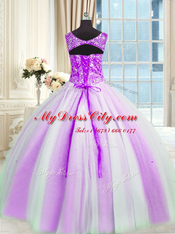 Customized Multi-color Ball Gowns V-neck Sleeveless Tulle Floor Length Lace Up Beading and Sequins Sweet 16 Dresses