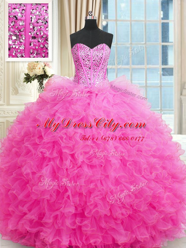 Adorable Hot Pink Lace Up Sweetheart Beading and Ruffles Quinceanera Gowns Tulle Sleeveless