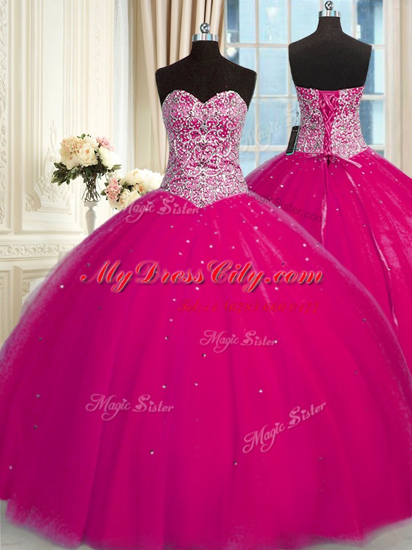 Clearance Fuchsia Ball Gowns Halter Top Sleeveless Tulle Floor Length Lace Up Beading and Sequins Quinceanera Dresses