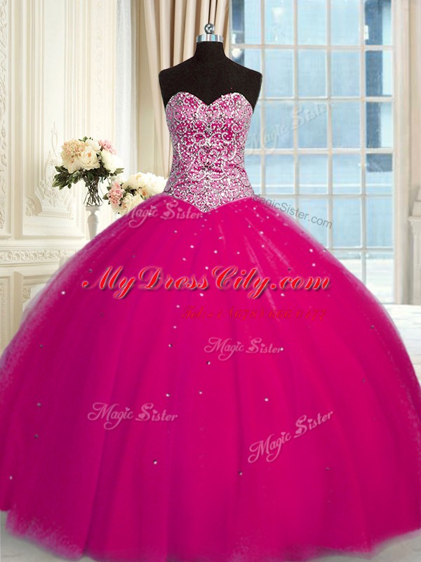 Clearance Fuchsia Ball Gowns Halter Top Sleeveless Tulle Floor Length Lace Up Beading and Sequins Quinceanera Dresses