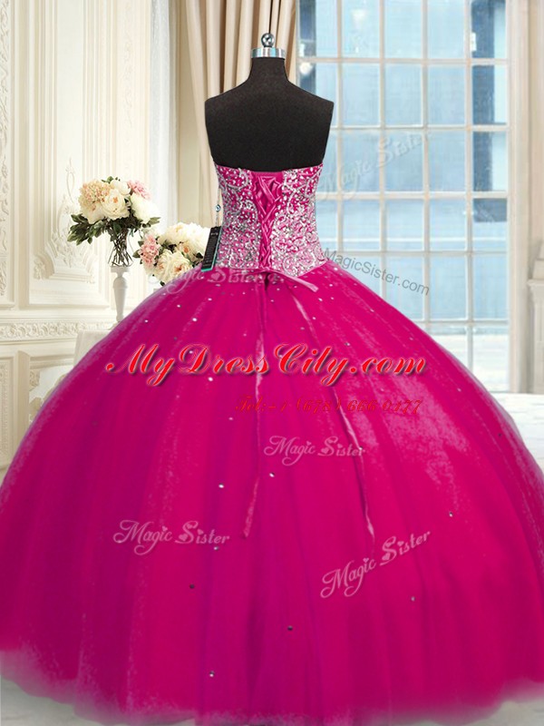 Clearance Fuchsia Ball Gowns Halter Top Sleeveless Tulle Floor Length Lace Up Beading and Sequins Quinceanera Dresses