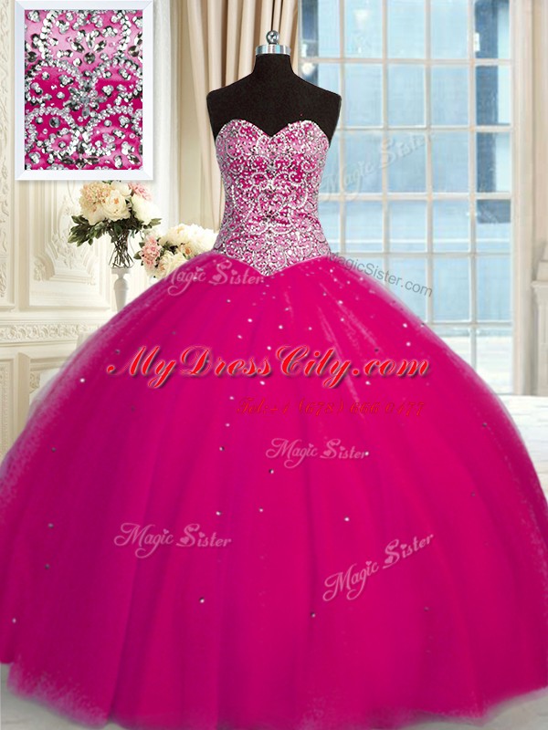 Clearance Fuchsia Ball Gowns Halter Top Sleeveless Tulle Floor Length Lace Up Beading and Sequins Quinceanera Dresses