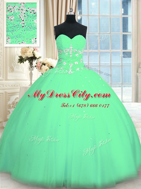 Sleeveless Tulle Floor Length Lace Up 15 Quinceanera Dress in Turquoise with Appliques