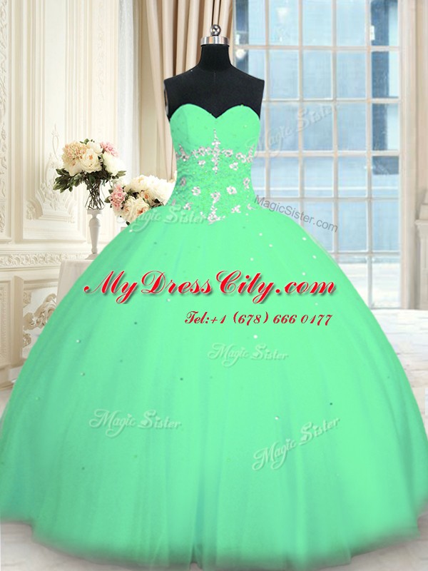 Sleeveless Tulle Floor Length Lace Up 15 Quinceanera Dress in Turquoise with Appliques