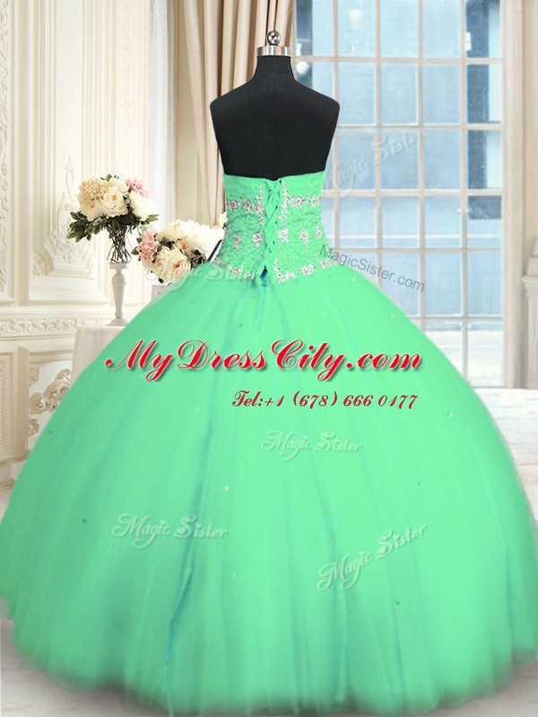 Sleeveless Tulle Floor Length Lace Up 15 Quinceanera Dress in Turquoise with Appliques