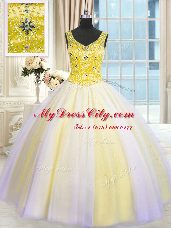 Multi-color Ball Gowns Beading and Sequins Ball Gown Prom Dress Lace Up Tulle Sleeveless Floor Length