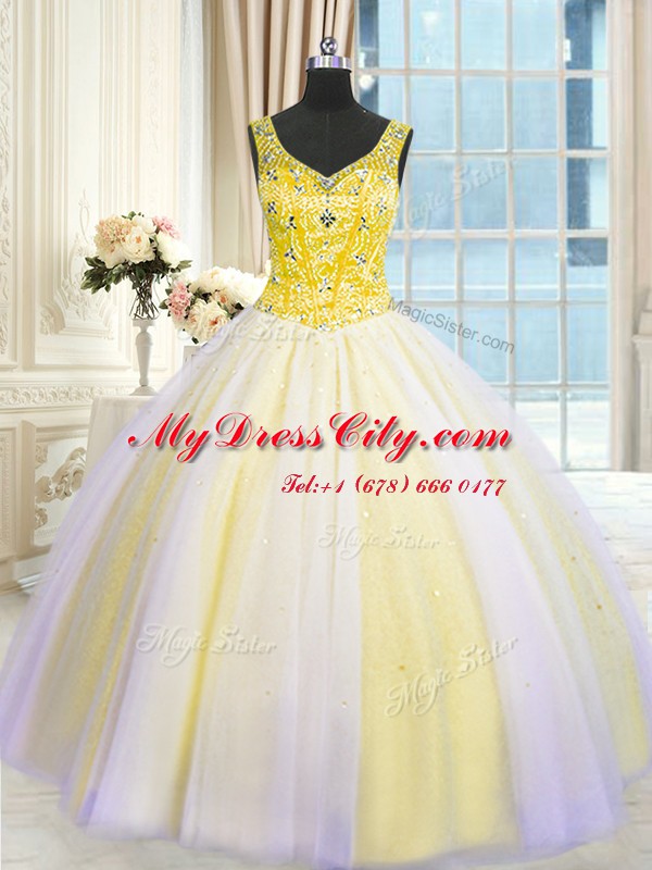 Multi-color Ball Gowns Beading and Sequins Ball Gown Prom Dress Lace Up Tulle Sleeveless Floor Length