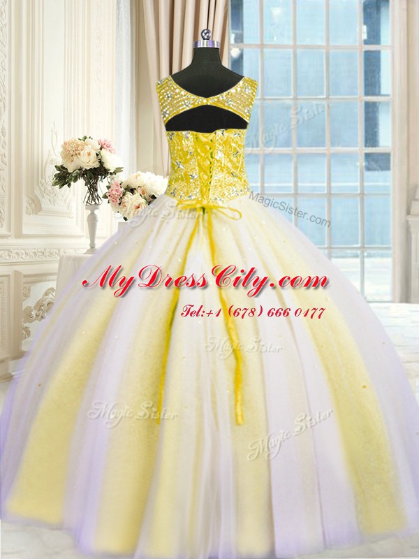 Multi-color Ball Gowns Beading and Sequins Ball Gown Prom Dress Lace Up Tulle Sleeveless Floor Length