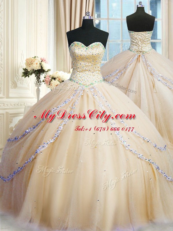 Pretty Champagne Sweetheart Lace Up Beading and Appliques 15 Quinceanera Dress Court Train Sleeveless