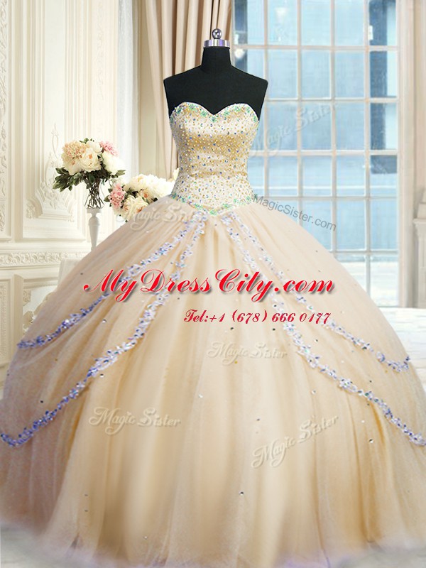 Pretty Champagne Sweetheart Lace Up Beading and Appliques 15 Quinceanera Dress Court Train Sleeveless