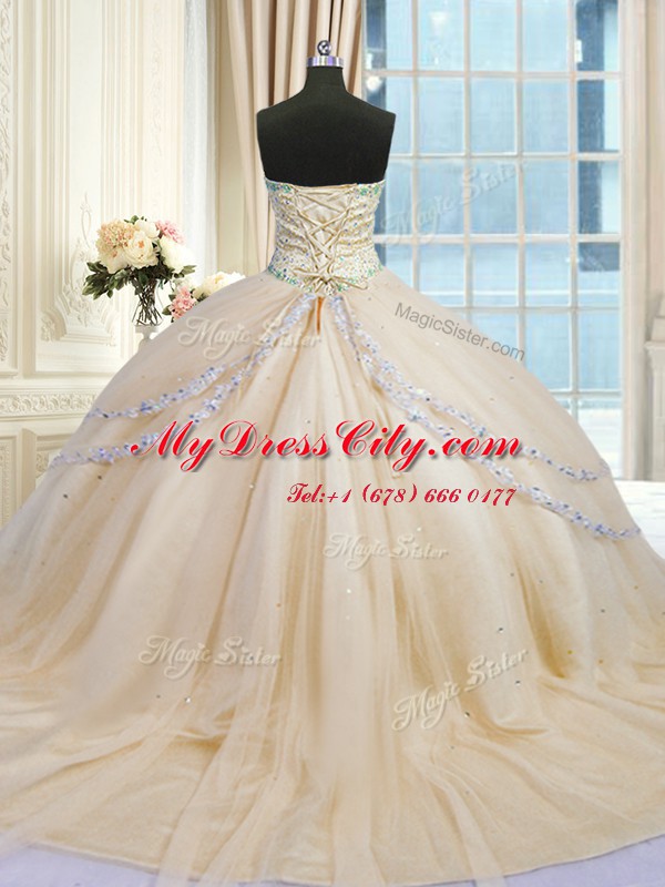 Pretty Champagne Sweetheart Lace Up Beading and Appliques 15 Quinceanera Dress Court Train Sleeveless