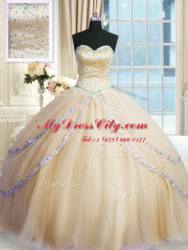 Pretty Champagne Sweetheart Lace Up Beading and Appliques 15 Quinceanera Dress Court Train Sleeveless