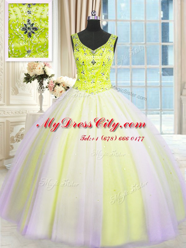 Sumptuous Sequins Floor Length Multi-color Sweet 16 Dresses V-neck Sleeveless Lace Up