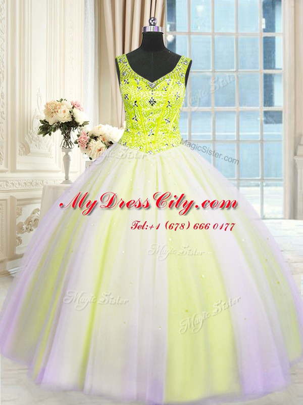 Sumptuous Sequins Floor Length Multi-color Sweet 16 Dresses V-neck Sleeveless Lace Up